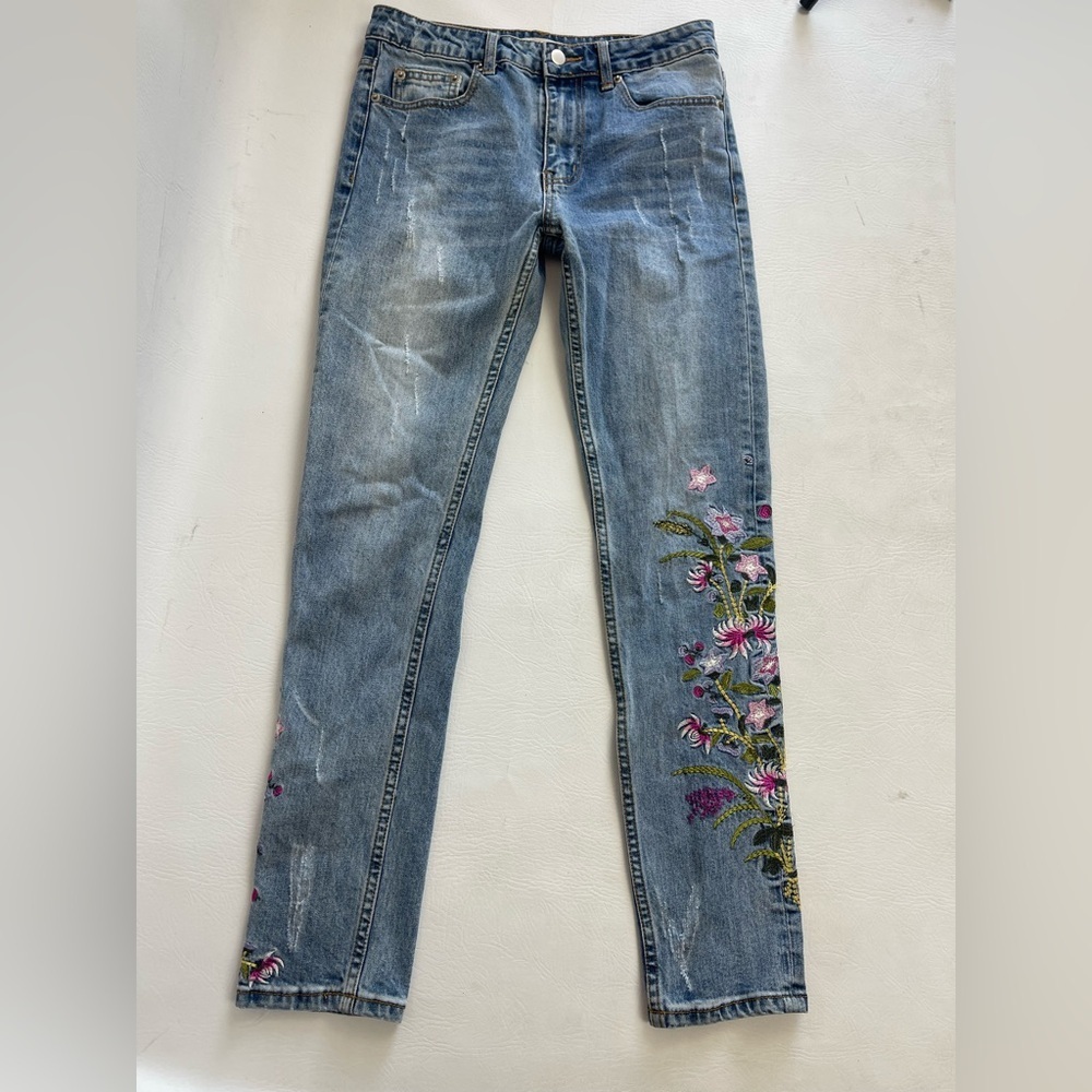 Floral Embroidered Jeans Women 28 Boho Skinny Blue Denim - Picture 14 of 15